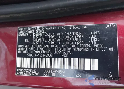 2005 Toyota Tundra Sr5 V8 from USA, damaged, VIN 5TBDT44155S489561